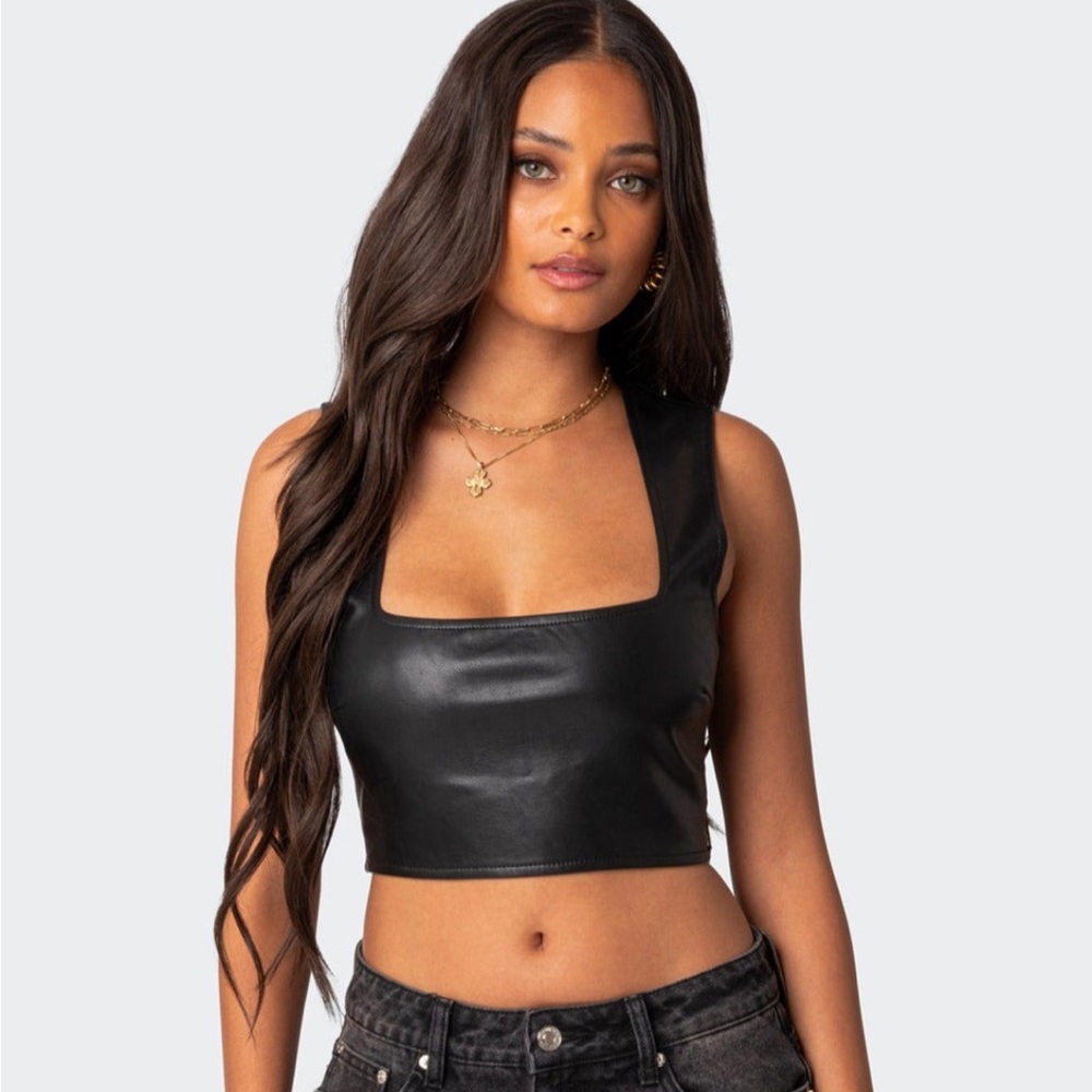 Edikted Black Faux Leather Tank Top Size XS